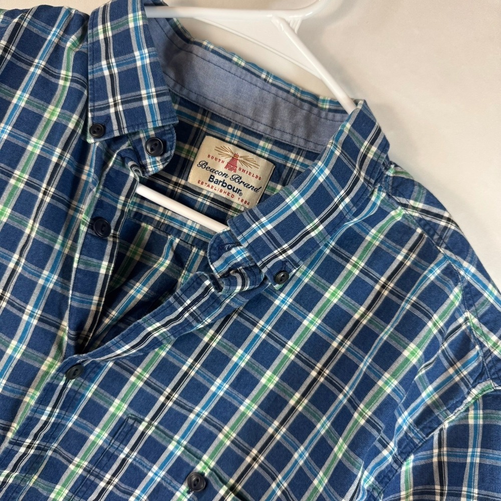 Barbour Beacon Brand Mens Plaid Button Down Short Sleeve Shirt Blue Green Medium